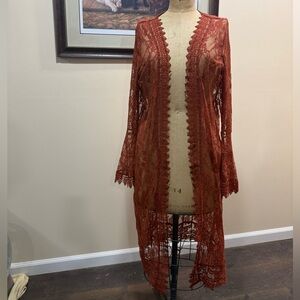 Polly & Esther Long Burnt Orange Lace Duster Cardigan
